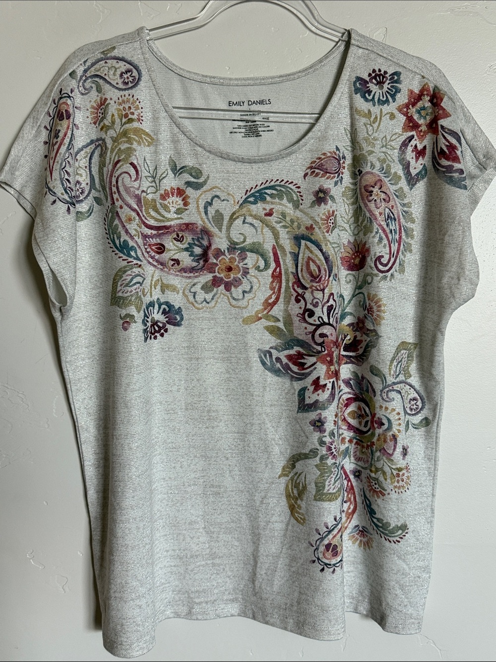 Emily Daniels Cream Floral Paisley Short-Sleeve Tee Bohemian Print Top